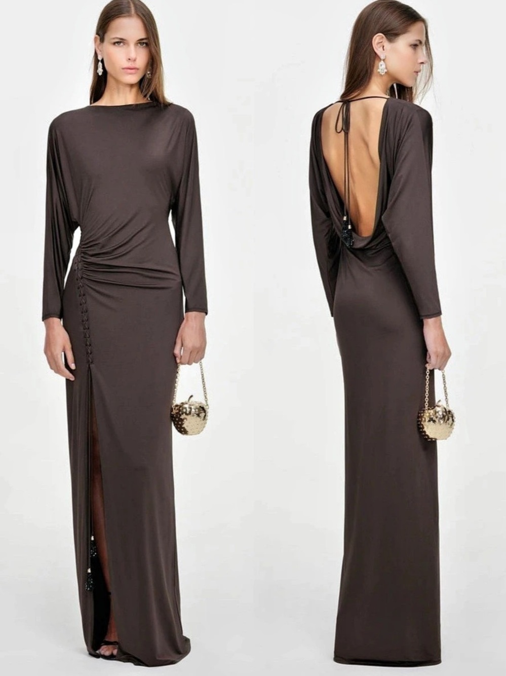 Self-Portrait NWOT BROWN JERSEY OPEN BACK MAXI DRESS